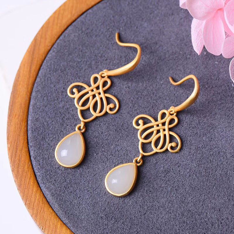 Chinese Knot Jade Drop Earrings for Women | Traditional Eastern Elegance Handcrafted Jewelry | Classic Gold Thread Weaving with Vintage Jade Pendant