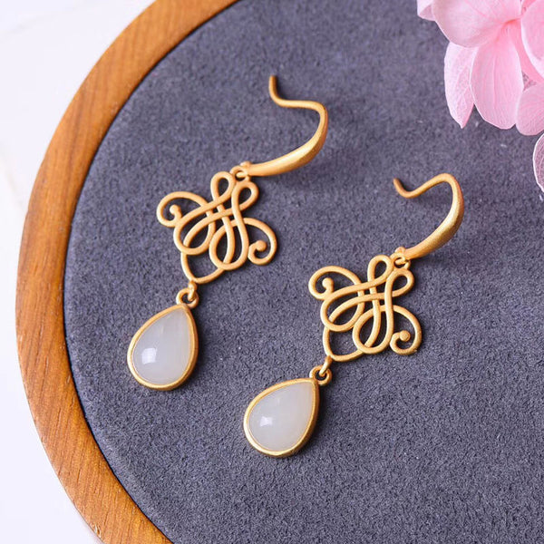 Chinese Knot Jade Drop Earrings for Women | Traditional Eastern Elegance Handcrafted Jewelry | Classic Gold Thread Weaving with Vintage Jade Pendant