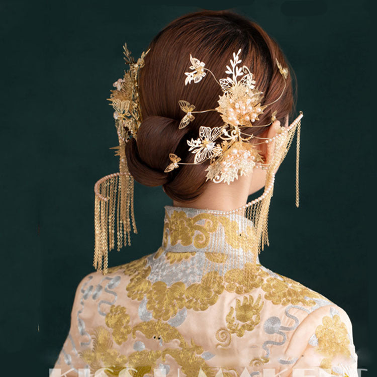 Handcrafted Maple Leaf Chinese Bridal Tassel Earrings – Elegant Wedding Head Jewelry for the Modern Bride