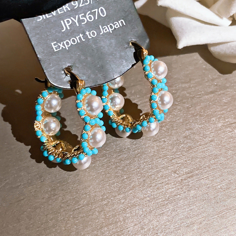 Elegant Oriental Pearl & Blue — Green Beaded Earrings