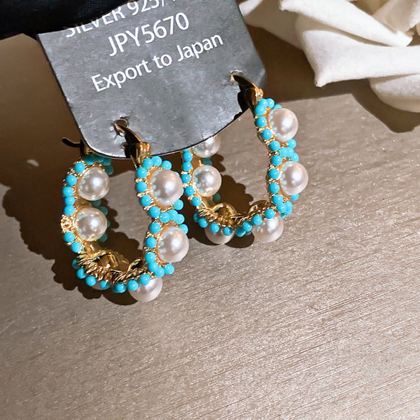 Elegant Oriental Pearl & Blue-Green Beaded Earrings | Vintage Chinese Style Gold Metal Light Luxury Statement Earrings for Women