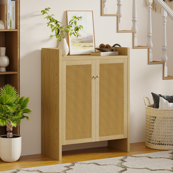 42.5-Inch Natural Rattan & Solid Wood Shoe Cabinet with Doors – 6-Tier Adjustable Storage for Entryway, Hallway, or Living Room