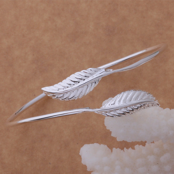 Elegant Silver Feather Bangle Bracelet for Women | Asian-Inspired Statement Jewelry