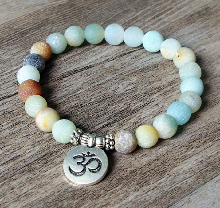 Matte Amazonite Mala Bracelet with OM & Lotus Charm – Handcrafted Yoga Chakra Jewelry for Mindful Living