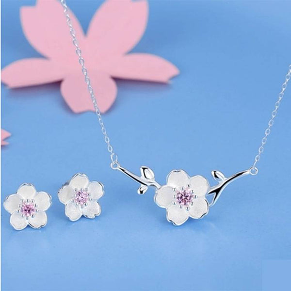 Cherry Blossom Sterling Silver Jewelry Set for Women | Elegant Floral Artisan Jewelry | Japanese-Inspired Elegance