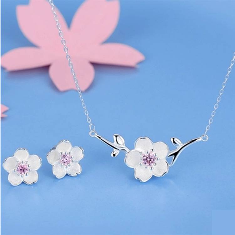 Cherry Blossom Sterling Silver Jewelry Set for Women | Elegant Floral Artisan Jewelry | Japanese-Inspired Elegance