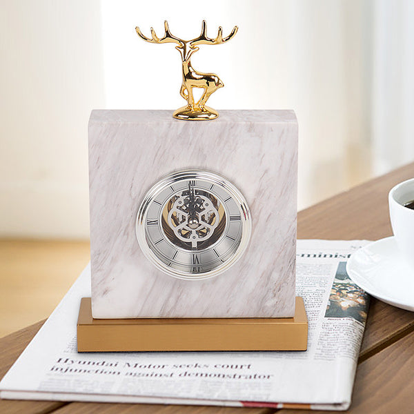 Luxury Golden Deer Marble Bedside Clock | Modern Elegant Mute Bedroom Decor with Sophisticated Charm