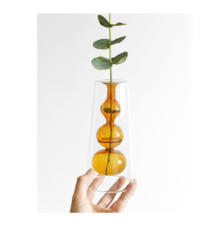 Vintage Amber Stained Glass Gourd Vase | Retro Minimalist Hydroponic Flower Planter