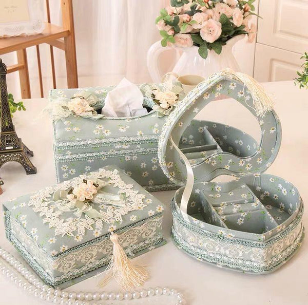 Vintage Floral Jewelry Box - Antique Rose Pattern Earrings & Ring Storage Organizer with Lace Detail | Decorative Gift Box