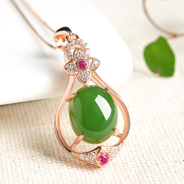 Rose Gold Diamond Pendant Necklace | Natural Hetian Jade & Jasper Women's Luxury Statement Piece | Elegant Eastern-Inspired Fashion Jewelry Wholesale