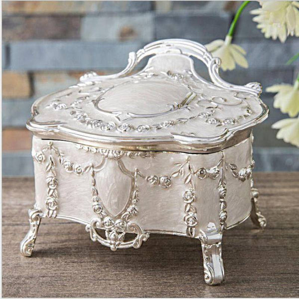 Prestigious Silver Enamel Baroque Jewelry Storage Box - Handcrafted Luxury Keepsake Chest with Ornate Carved Details
