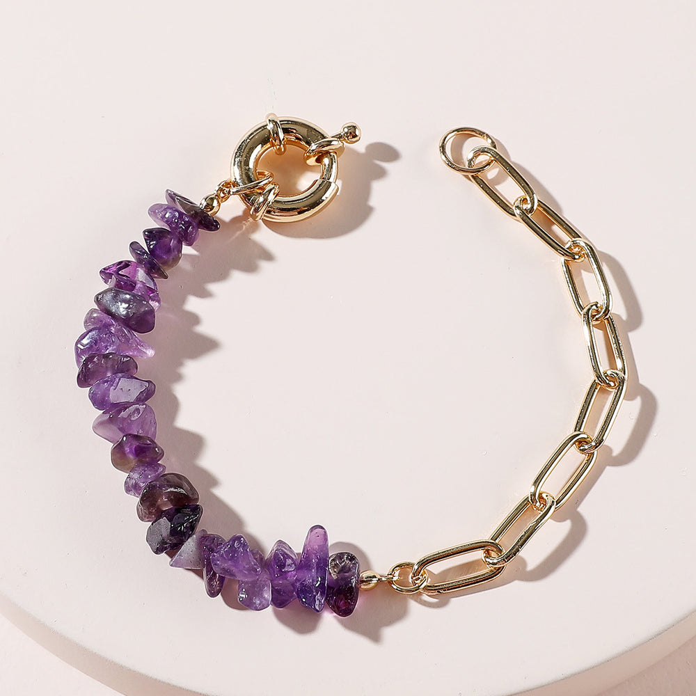 Rough Crystal Amethyst Stone Chain Bracelet - Natural Gemstone Boho Cuff Jewelry