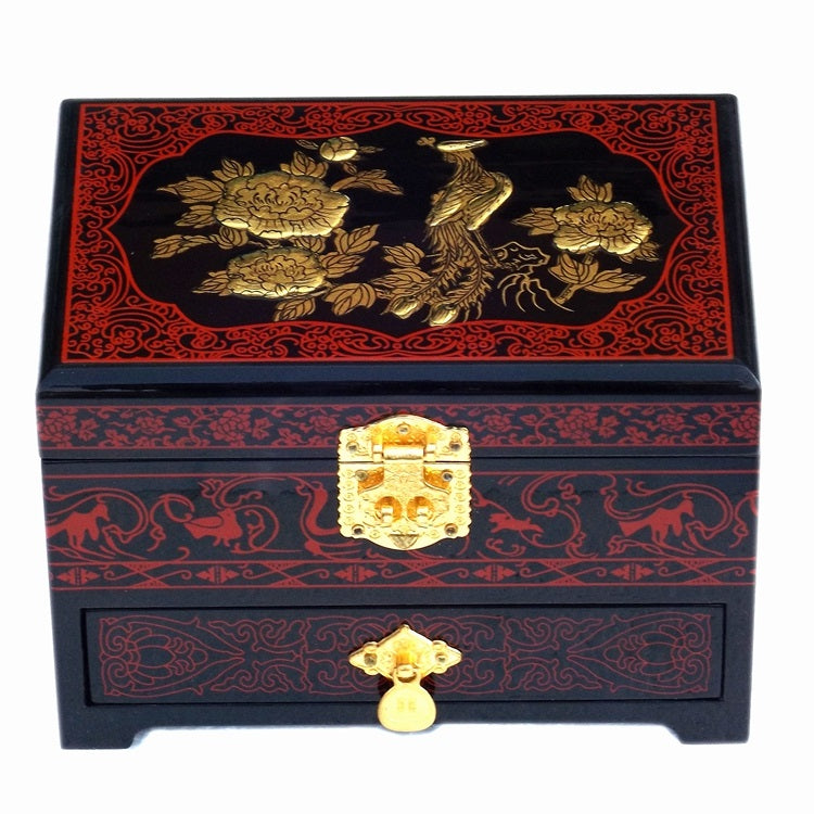 Chinese Traditional Lacquer Jewelry Box - Handcrafted Red Black Gold Phoenix Peony Pattern Wooden Dowry Box with Push-Open Mechanism