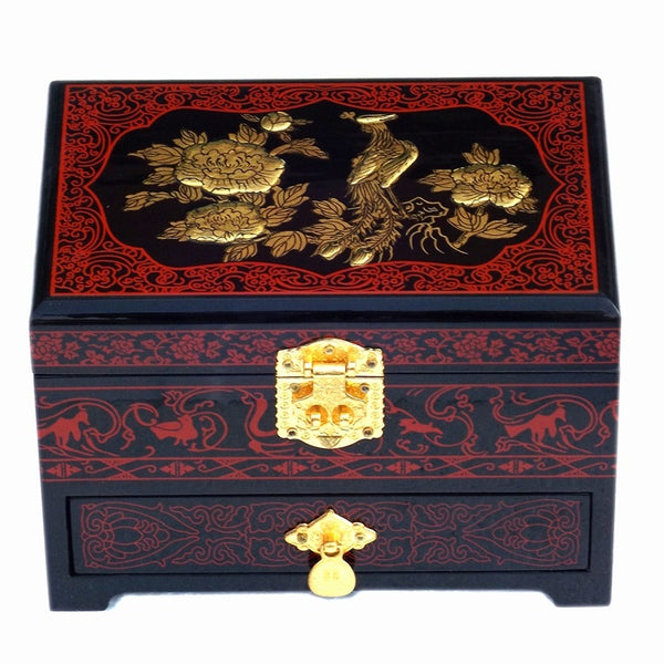 Chinese Traditional Lacquer Jewelry Box - Handcrafted Red Black Gold Phoenix Peony Pattern Wooden Dowry Box with Push-Open Mechanism