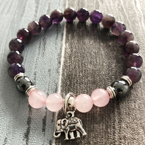 Amethyst Elephant Mala Bracelet — Sacred Stone for Quiet Mind & Gentle Energy