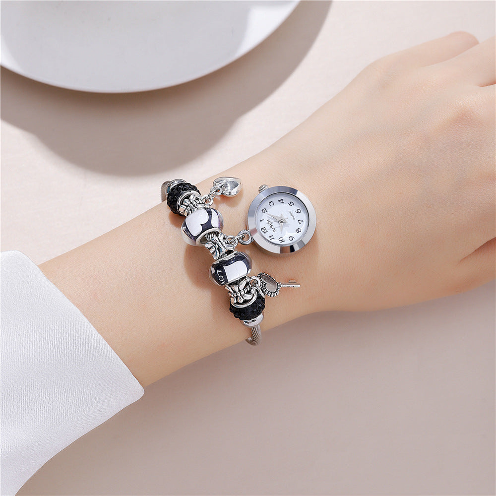 Heart Key Pendant Bangle Watch - Elegant Women's Quartz Bangle Watch with Romantic Love Design