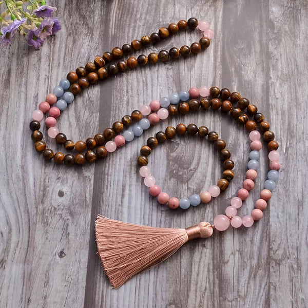 108 Mala Bead Bracelet | Natural Tiger Eye & Pink Crystal Hand-Knotted Meditation Prayer Beads with Copper Tassel | Zen Spiritual Accessory
