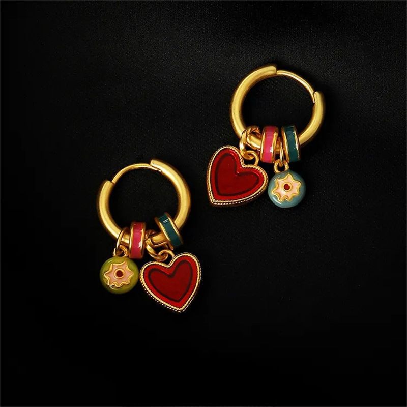 Chinese Enamel Heart Earrings for Women