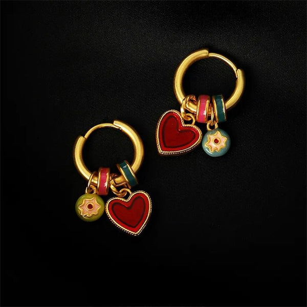 Chinese Enamel Heart Earrings for Women - Elegant Gold-Tone Dangle Statement Jewelry
