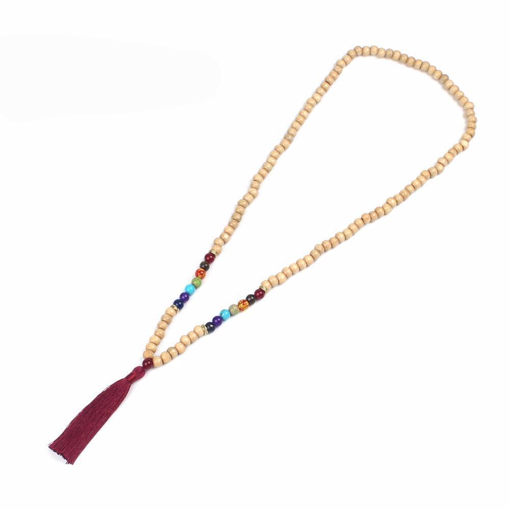 Chakra Stone Mala Necklace with Handcarved Wood Beads & Silk Tassel — Sacred Ritual Jewelry for Mindful Living