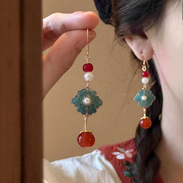 Chinese New Year Earrings | Classical Hanfu Style Enamel Drop Earrings with Pearls - Festive Red Asian Jewelry for Women