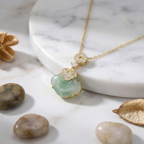 925 Sterling Silver Jadeite Ruyi Pendant Necklace | Diamond-Accented Oriental Luxury Jewelry