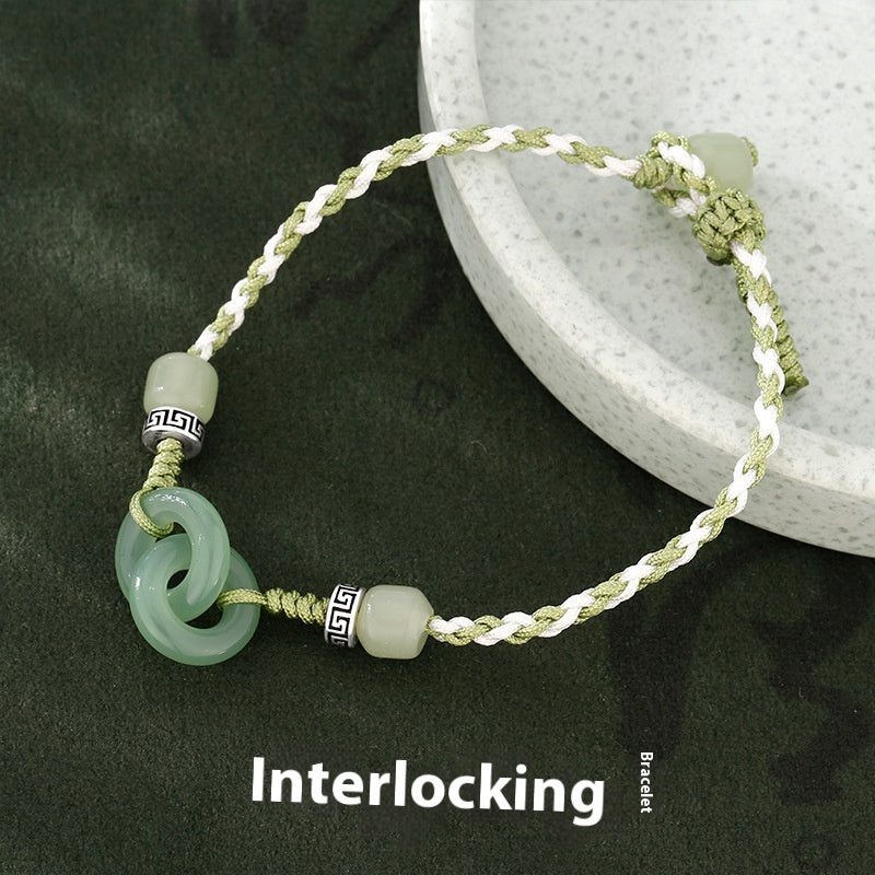 Jade Buckle Braided Bracelet | Ethnic Bohemian Zen Woven Peace Ring Handcrafted Artisan Design for Women