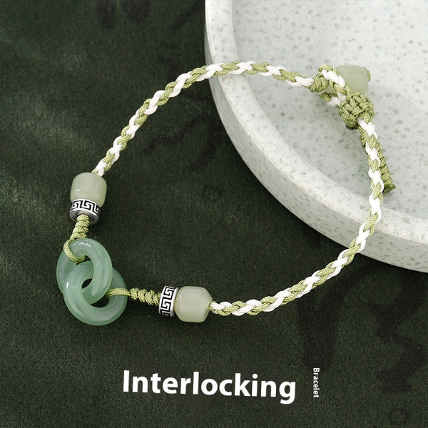 Jade Buckle Braided Bracelet | Ethnic Bohemian Zen Woven Peace Ring Handcrafted Artisan Design for Women