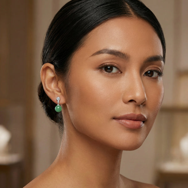 925 Sterling Silver White Crystal Green Jade Sphere Drop Earrings | Elegant Eastern-Inspired Women's Jewelry