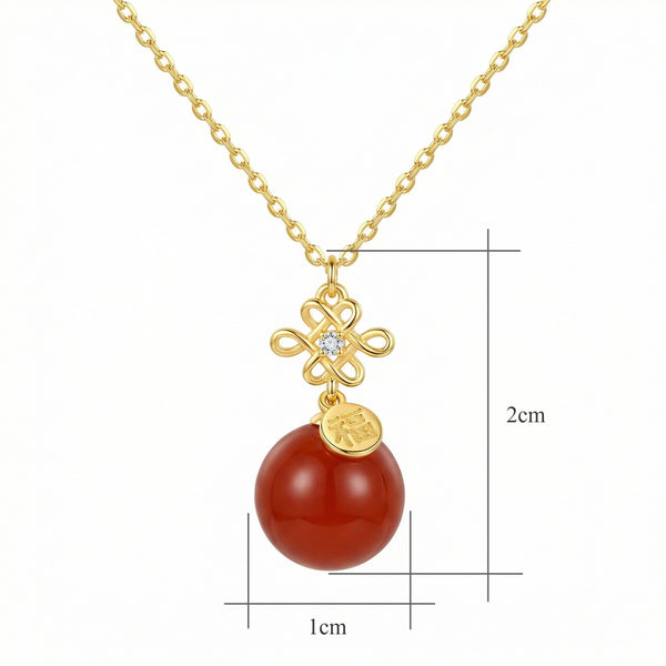 Elegant 925 Sterling Silver Chinese Knot Pendant Necklace with Red Agate Bead & Prosperity 'Fu' Charm