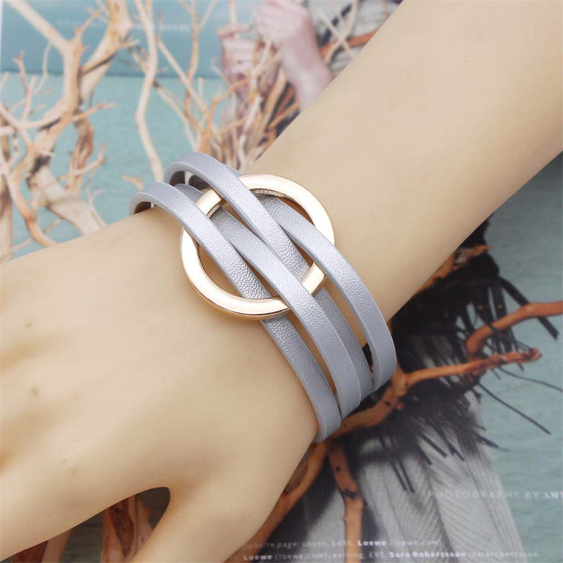 Cross Leather Cuff Bangle for Women | Multi-Layer Metal Ring Magnetic Snap Wristband