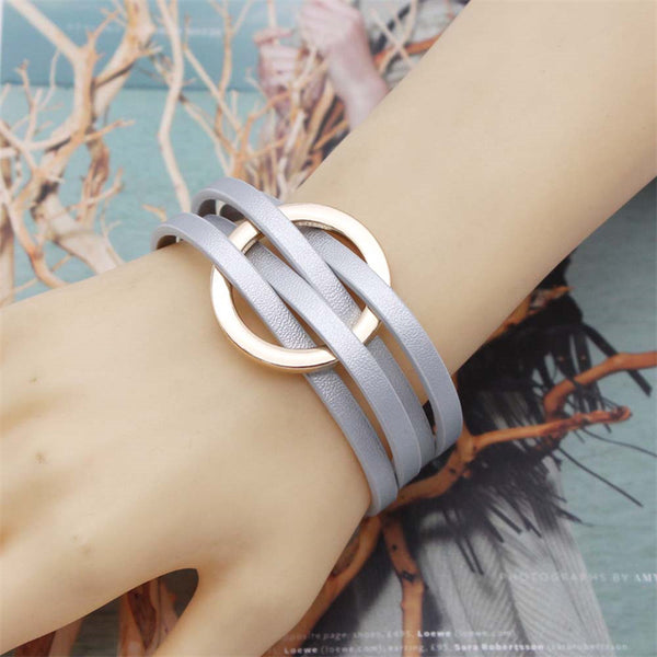Cross Leather Cuff Bangle for Women | Multi-Layer Metal Ring Magnetic Snap Wristband