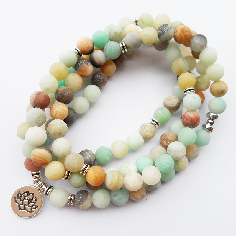 Matte Amazonite Tasbih Mala Bracelet with Lotus Silver Pendant — Sacred Beads for Mindful Living