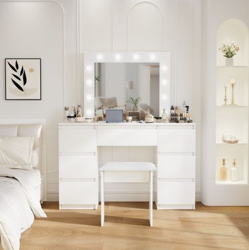 Luxury Large White Vanity Table with Integrated LED Mirror & Smart Lighting – Modern Elegance for the Contemporary Bedroom