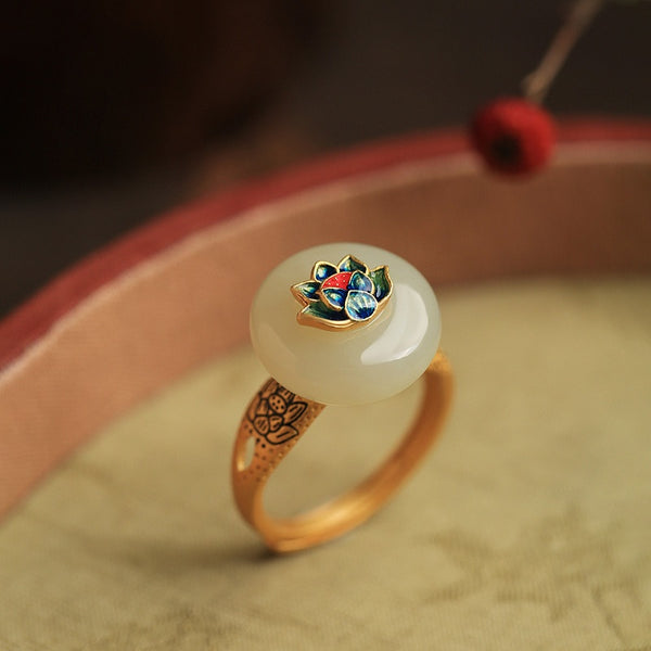 Lotus Gold Inlay Hetian Jade Ring