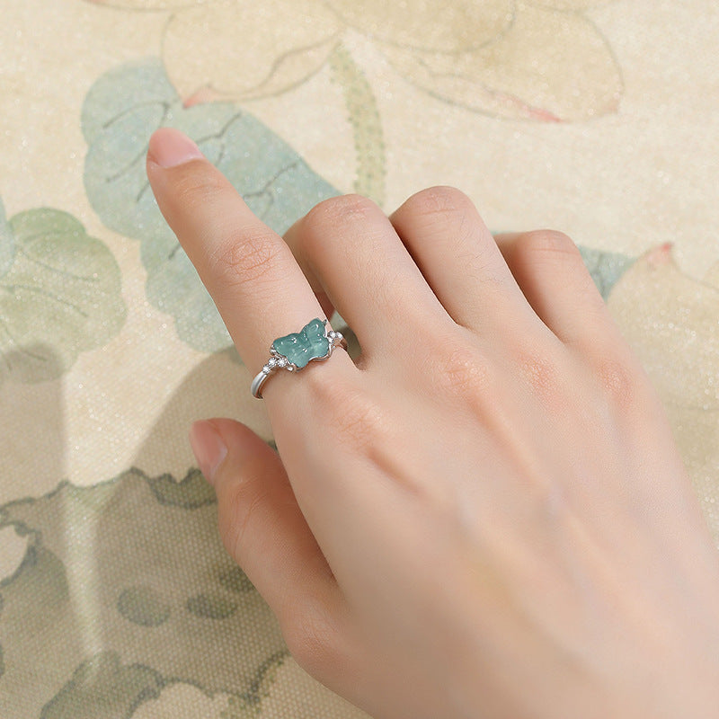 Natural Blue Water Jade Butterfly Ring for Women | Artisan Oriental Elegance Meditation Tea Ceremony Jewelry