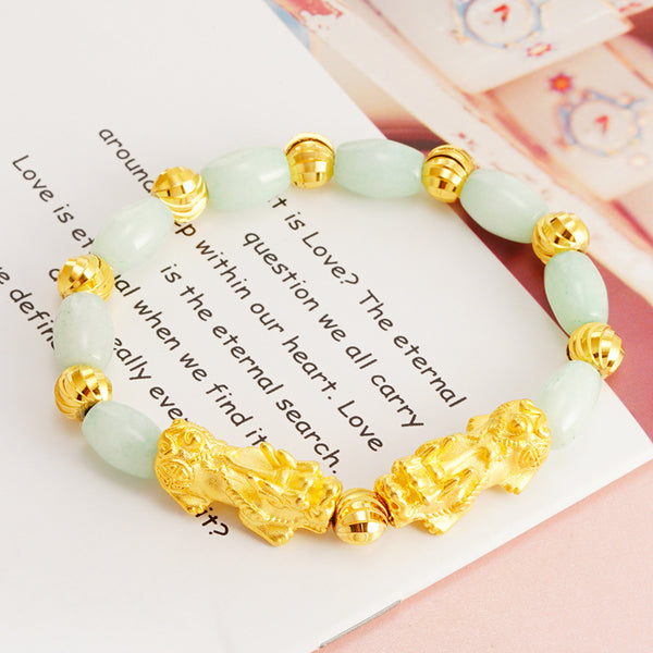 Natural Jade Bead Bracelet with Gold Pixiu | Handcrafted Serene Stone Accessory for Meditation & Tea Ceremony