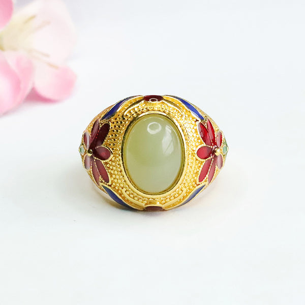 Qingshui Ring Jade Thumb Ring - Vintage Eastern Elegance Handcrafted Enamel Floral Ring