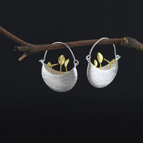 Zen Silver Earrings with Gold Leaf & Dried Branch Pendants | Bohemian Minimalist Meditation Accessories | Handcrafted Eastern Aesthetic Jewelry