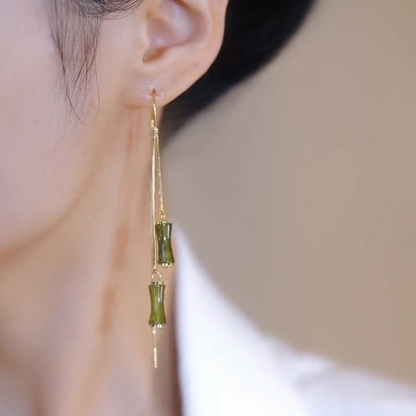 Chinese Style Green Bamboo Joint Tassel Earrings - Traditional Bohemian Jewelry Accessories