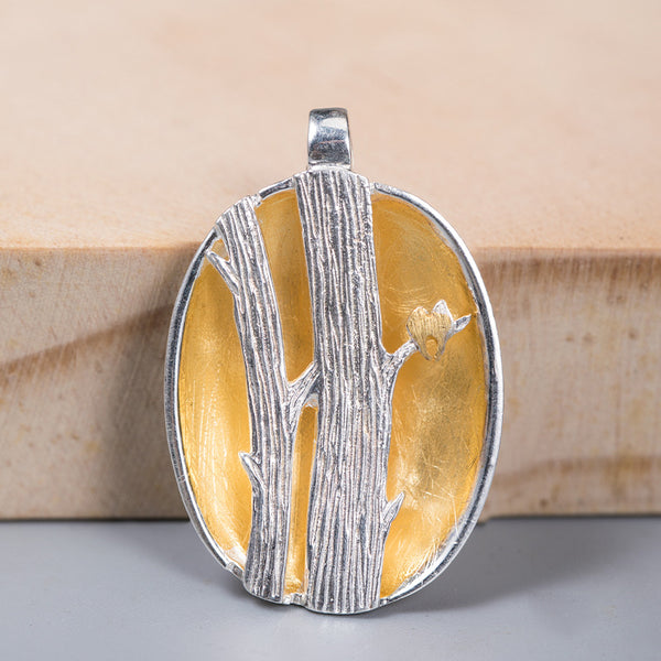 Zen Silver Tree Pendant Necklace | Handcrafted Eastern Minimalist Jewelry | Natural Wood Backdrop