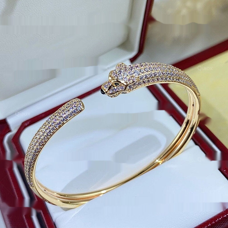 Leopard Print Diamond-Encrusted Bangle | Luxe Cuff Bracelet for Women | High-Shine Statement Jewelry