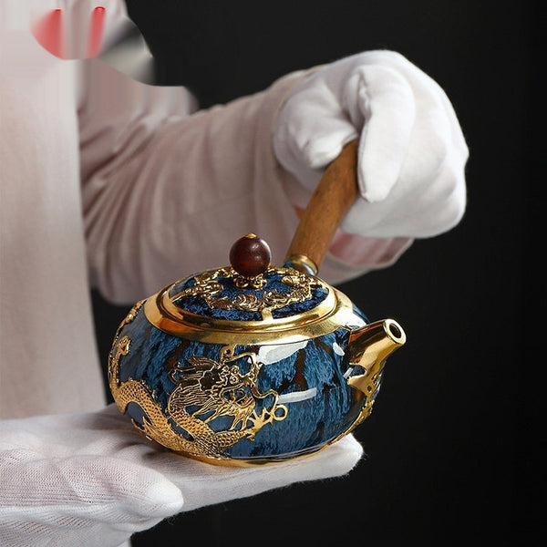 Artisan Blue Gold Dragon Jade-Inlaid Ceramic Gongfu Tea Set | Handcrafted Single Teapot for Traditional Chinese Tea Ceremony
