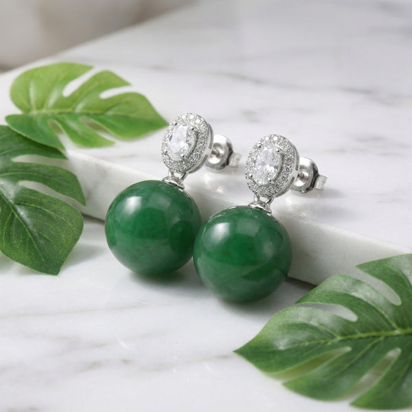 Green Jade & Diamond Halo Drop Earrings