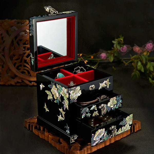 Mother-of-Pearl Inlay Lacquer Wooden Jewellery Box | Zen Elegance Storage with Floral Butterfly Motif | Handcrafted Artisanal Box