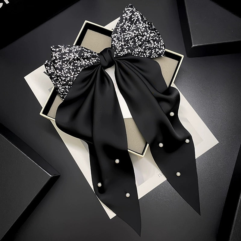 Oriental Pearl Bow Headdress - Elegant Black & White Floral Hairpin for Women
