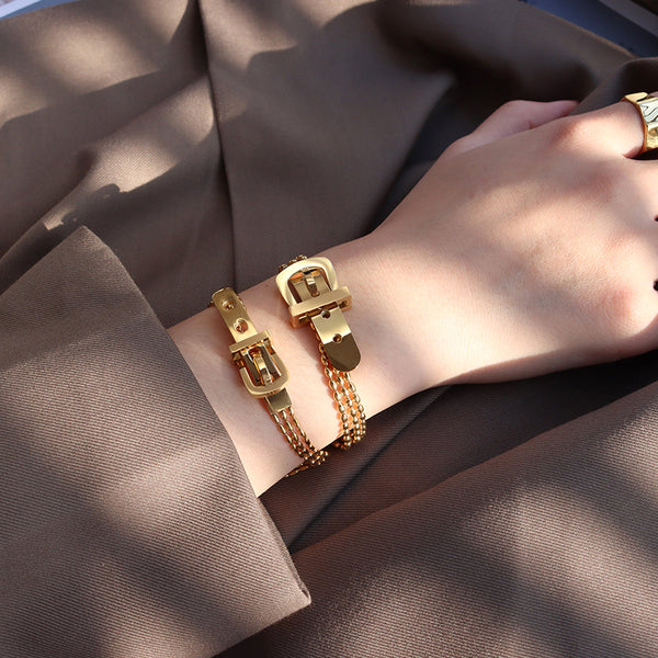 Stainless Steel Gold Belt Strap Charm Bangle Set | Punk Layered Bracelet for Women | Trendy Stackable Fashion Jewelry Gift