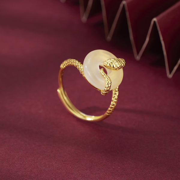 925 Sterling Silver Jade Snake Ring - Ice Chalcedony Chinese Zodiac Band for Women | Meditation Tea Ceremony Jewelry 2026