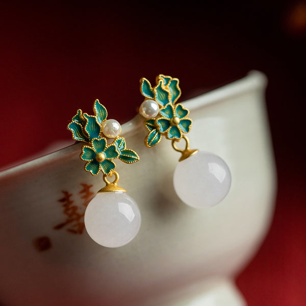 Gold Inlaid Hetian Jade Enamel Pearl Earrings - Eastern Floral Bird Zen Aesthetic Women's Luxury Jewelry