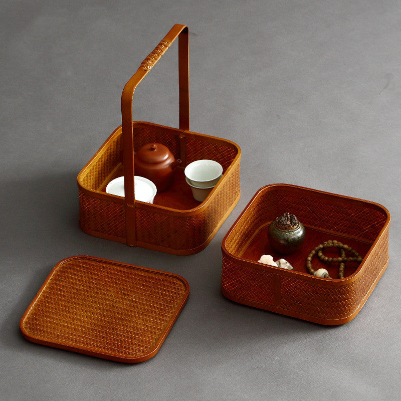 Japanese Zen Bamboo Woven Lacquerware Bento Box | Handcrafted Artisanal Food Storage Container with Eastern Aesthetic